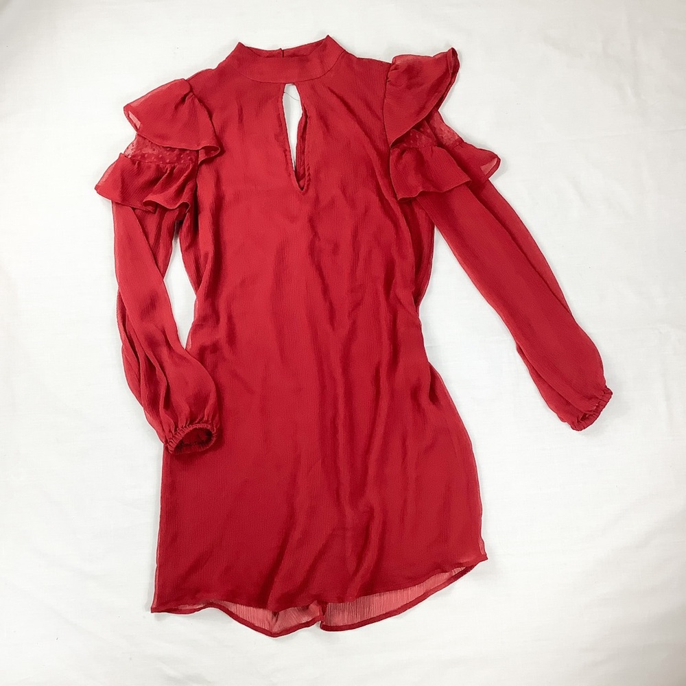 Express red sheer statement sleeve high neck mini dress